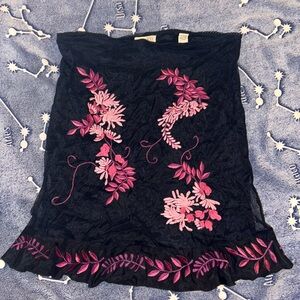 PINK FLORAL EMBROIDERY ELEGANT ROMANTIC MIDI SKIRT MESH OVERLAY